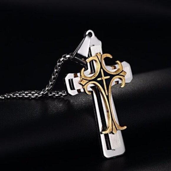 ❤️ Stainless Steel Retro Layered Cross Necklace , N90201P120 - Picture 3 of 6